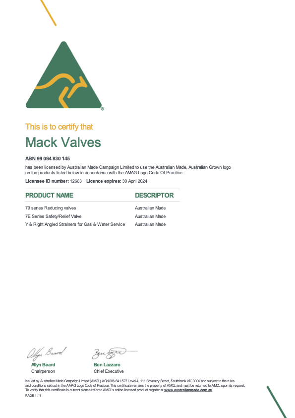 Mack Valves Australian Made Certificate Exp April-2024