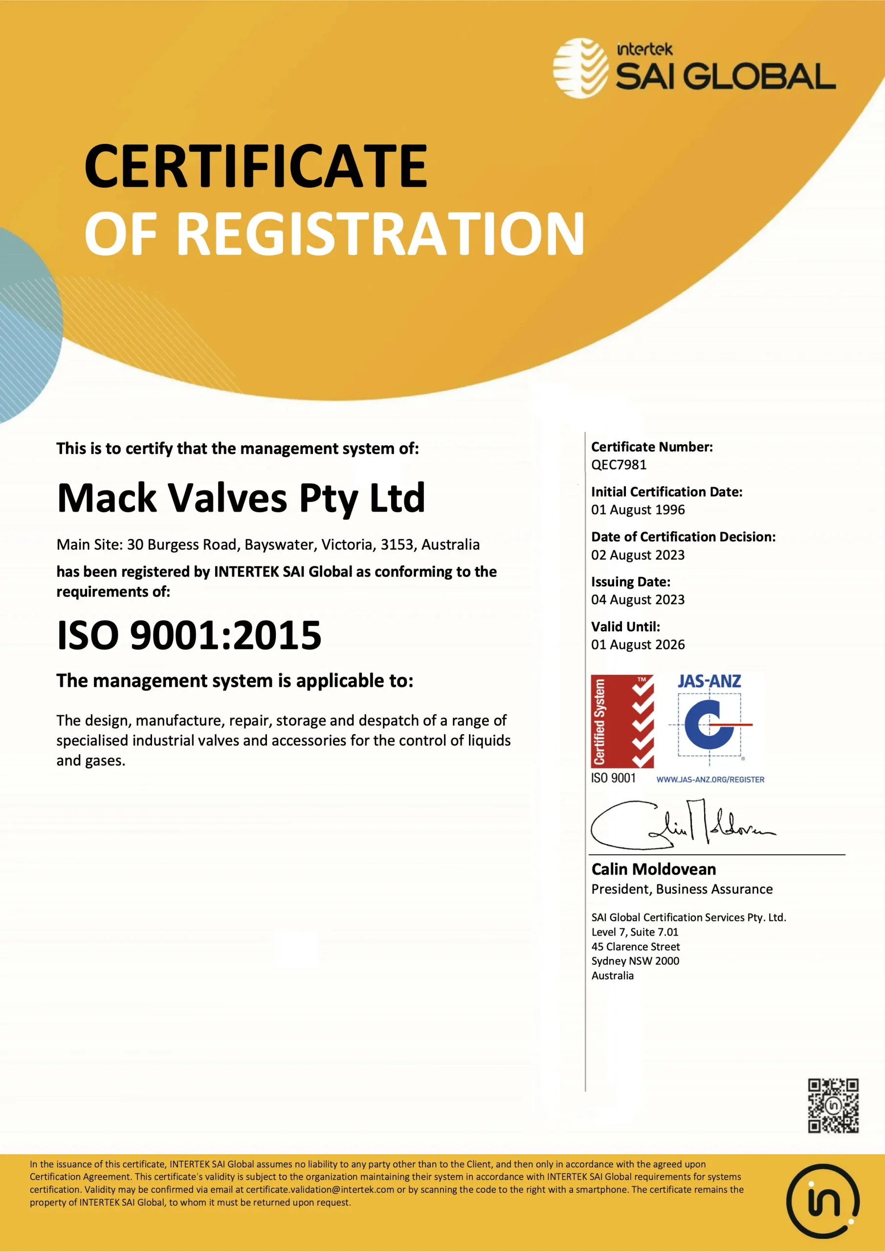 Mack Valves Certificate of Registration Valid Aug 2026